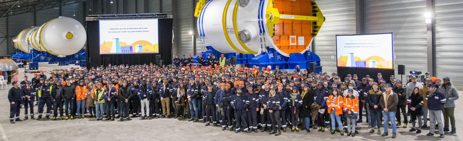 Célébration de la fin de la fabrication de la cuve du réacteur de l’unité 1 de Hinkley Point C le 15 décembre 2022 sur le site Framatome de Saint-Marcel