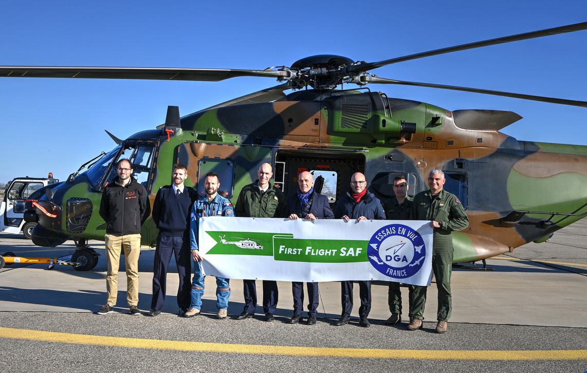 Premier vol d’un NH90 avec du SAF